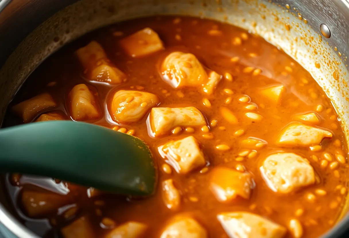 Glossy, amber-colored sesame sauce simmering in a saucepan with visible garlic and ginger pieces