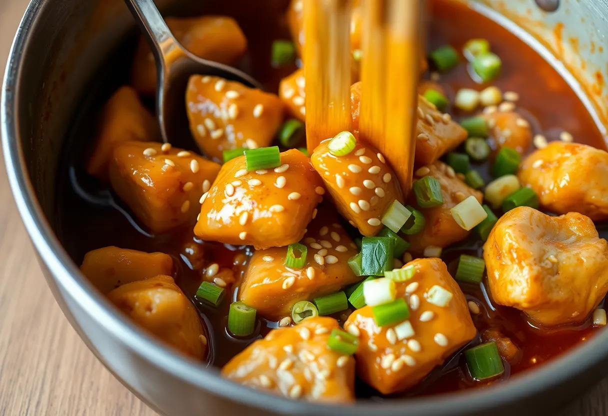 Crispy chicken pieces being tossed in glossy sesame sauce with sesame seeds and green onions being sprinkled on top