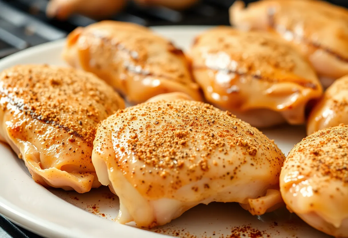 Seasoned chicken breasts on a plate with spice rub coating, showing even coverage of the dry seasonings