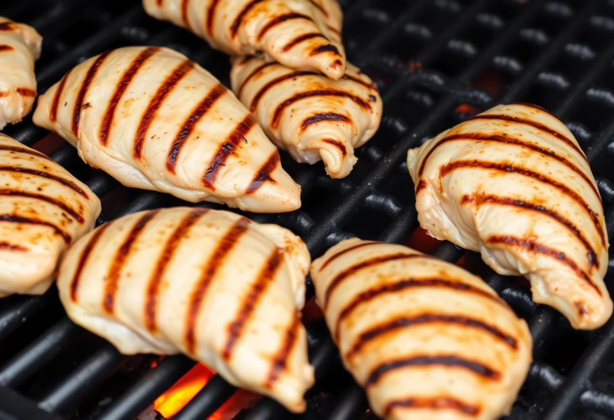 Chicken breasts on hot grill grates showing beautiful crosshatch grill marks and slight charring