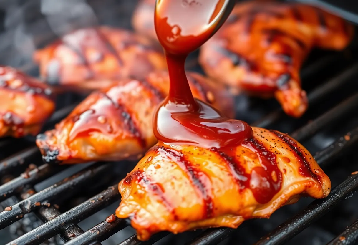 Chicken being brushed with glossy BBQ sauce on the grill, showing caramelization and beautiful glaze