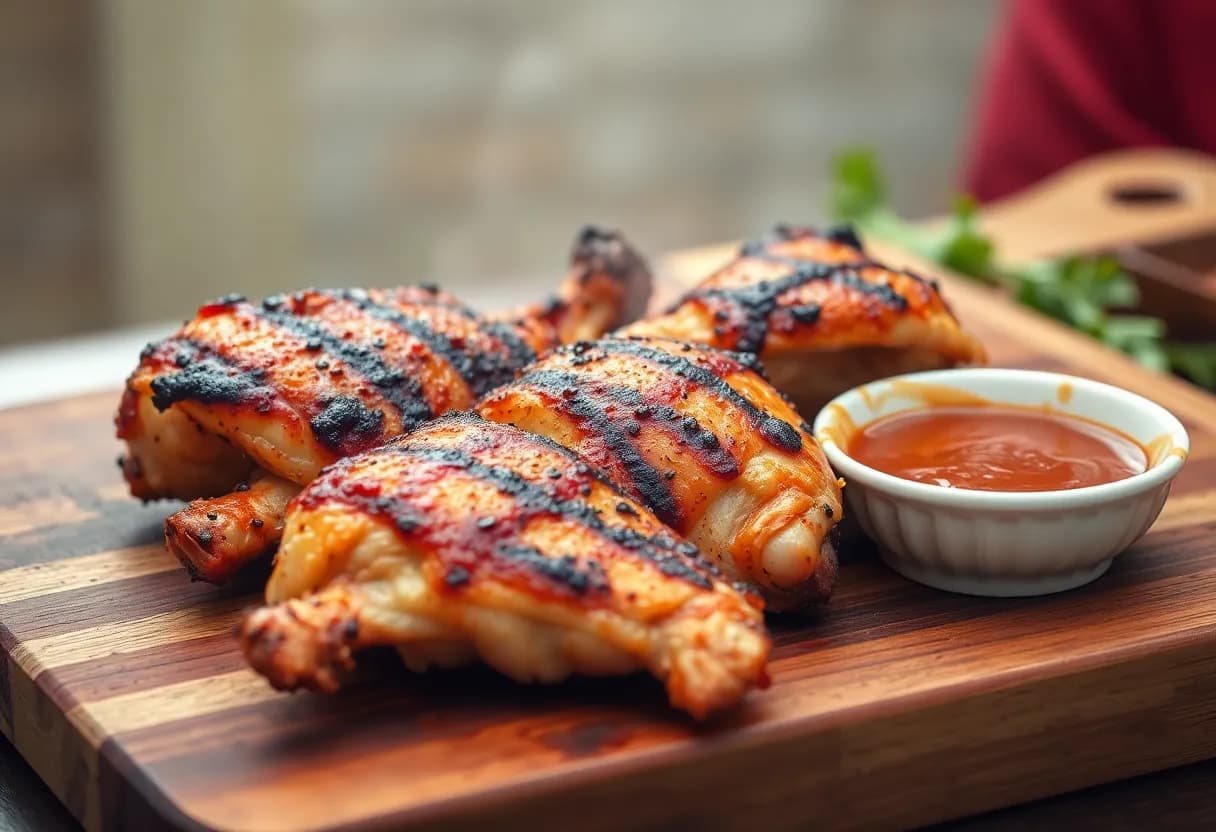 Finished BBQ grilled chicken resting on a wooden board with warm BBQ sauce in a small bowl nearby