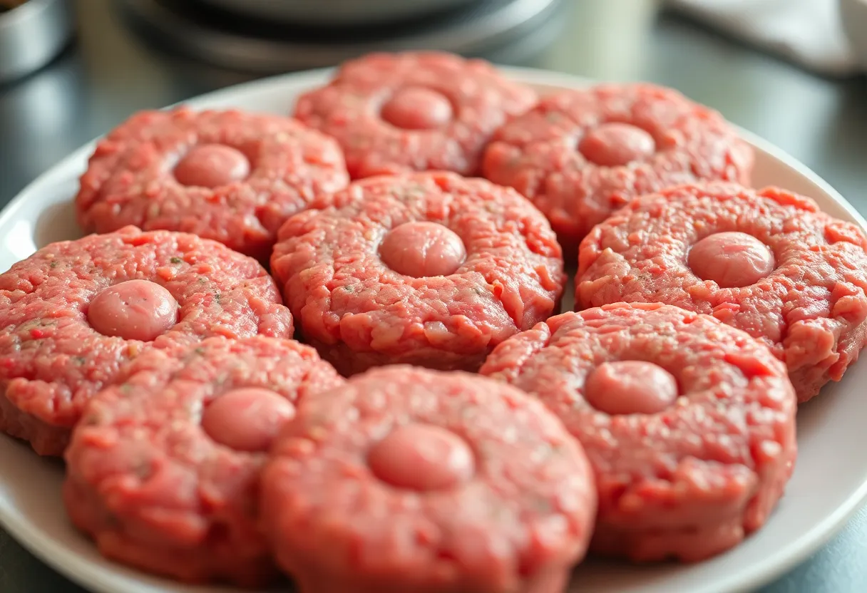 Raw beef patties with thumb indents in the center, seasoned and ready for cooking, arranged on a plate