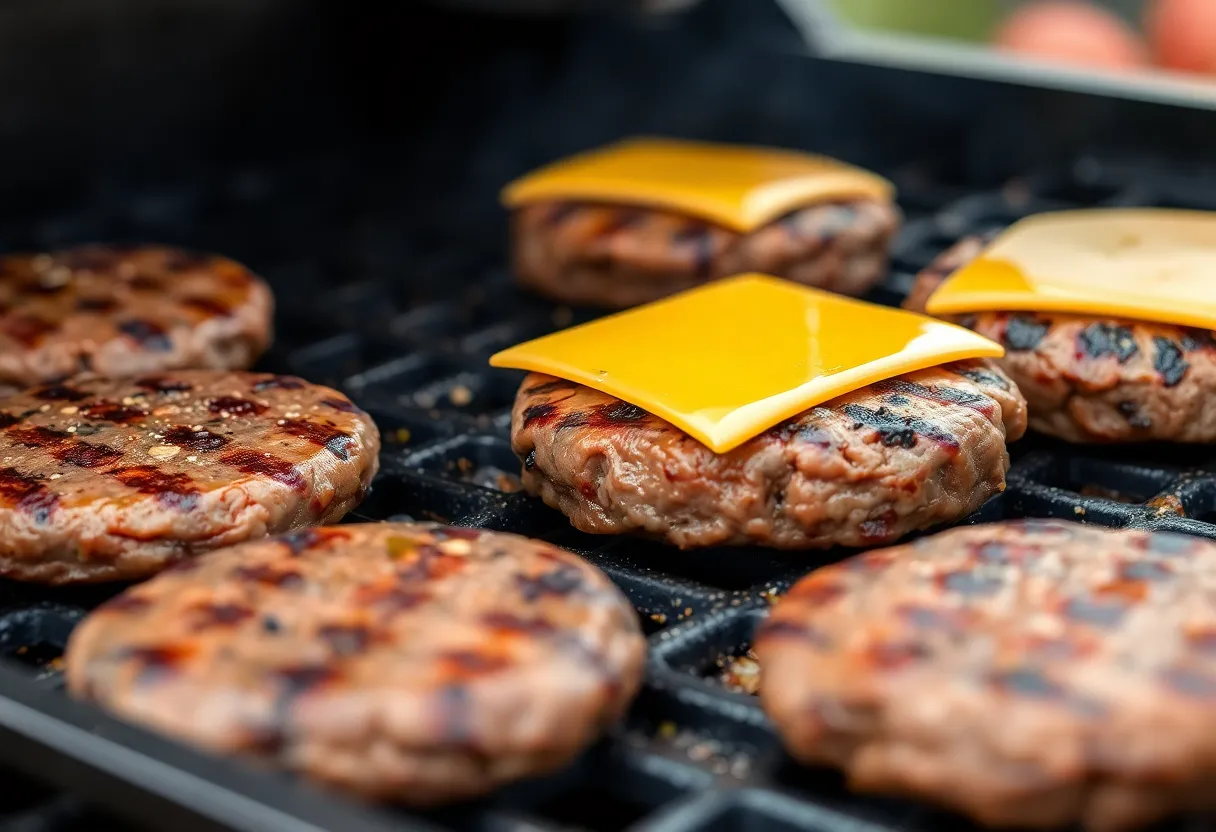 Beef patties sizzling on a grill with beautiful grill marks, topped with melting American cheese