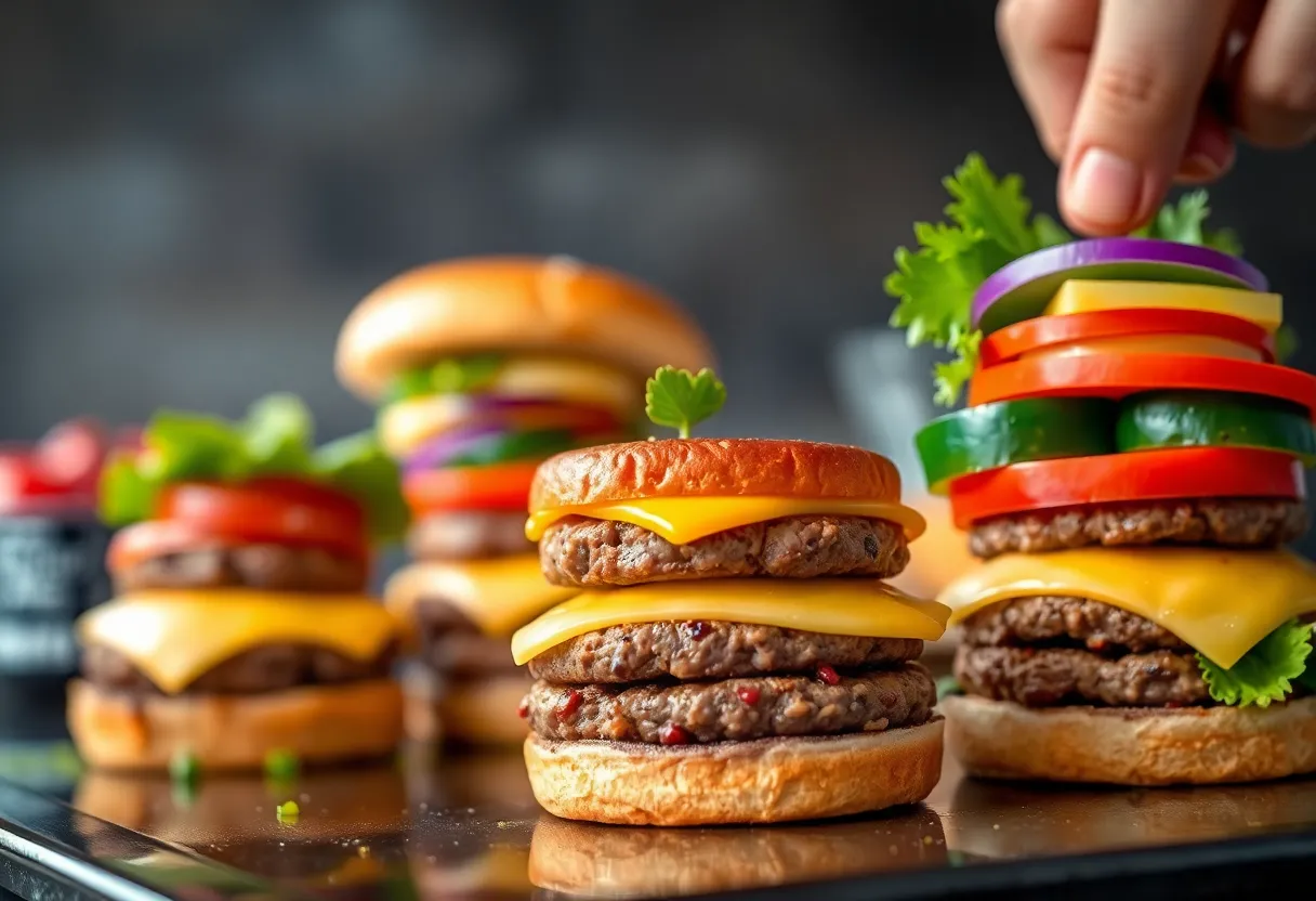 Assembled burgers with all toppings stacked high, showing layers of fresh vegetables, melted cheese, and juicy beef patty