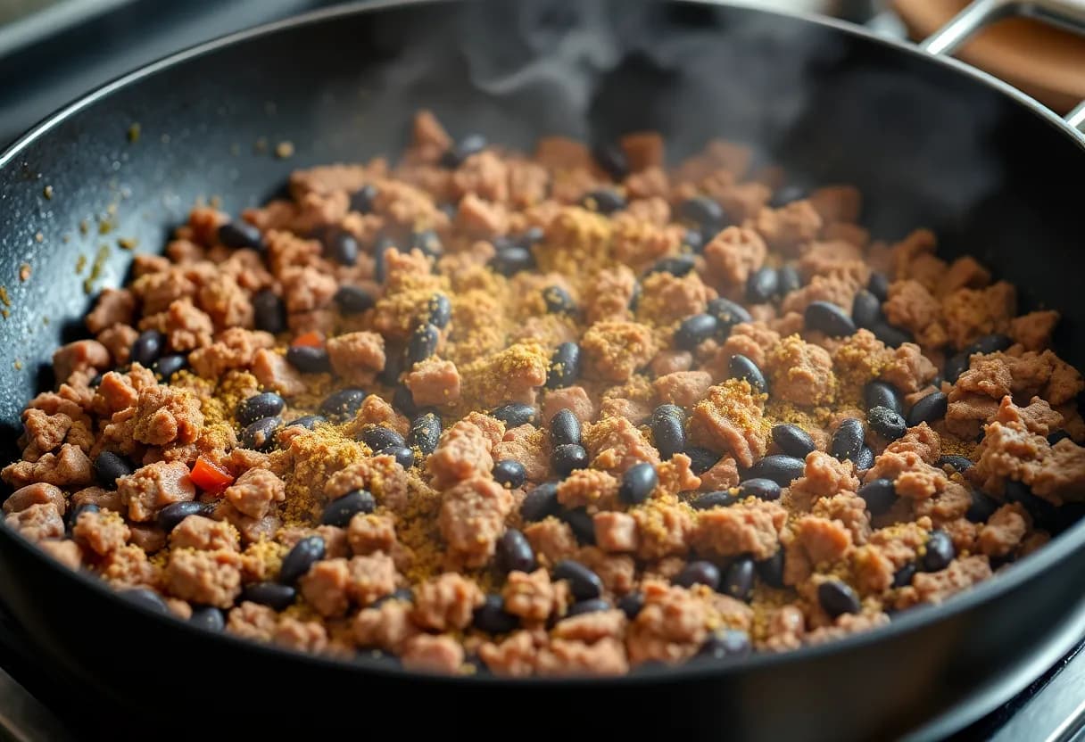 Seasoned ground beef and black beans cooking in a large skillet, with aromatic spices visible and steam rising