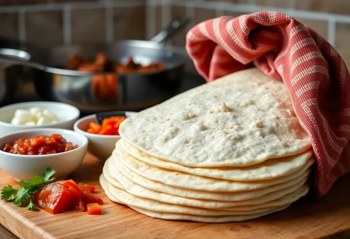 Warm flour tortillas stacked and covered with a kitchen towel, with bowls of prepared toppings arranged nearby