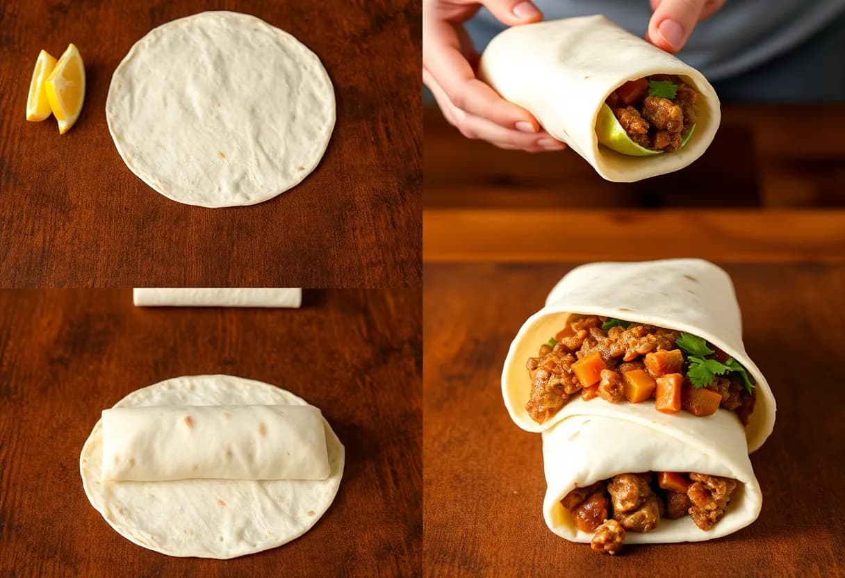 Step-by-step assembly showing a tortilla being filled with layers of ingredients, then being rolled into a tight burrito