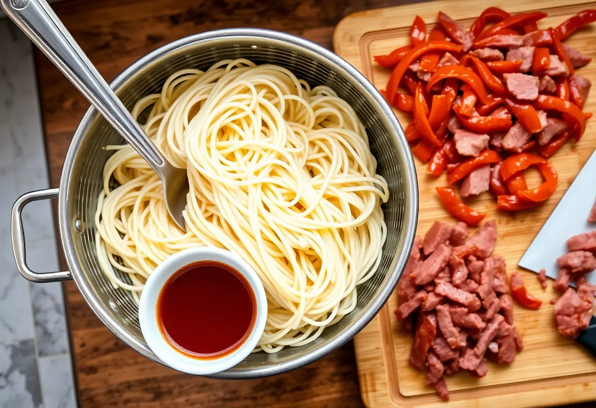 Cooked lo mein noodles in a colander, a small bowl of glossy brown stir-fry sauce, and thinly sliced raw beef strips on a cutting board