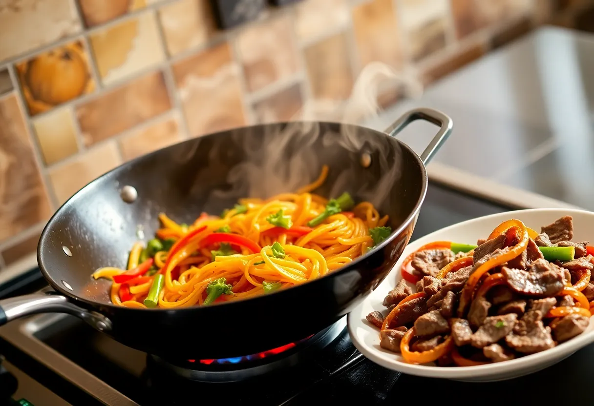 Sizzling wok with colorful vegetables being stir-fried over high heat, with browned beef strips on a plate nearby