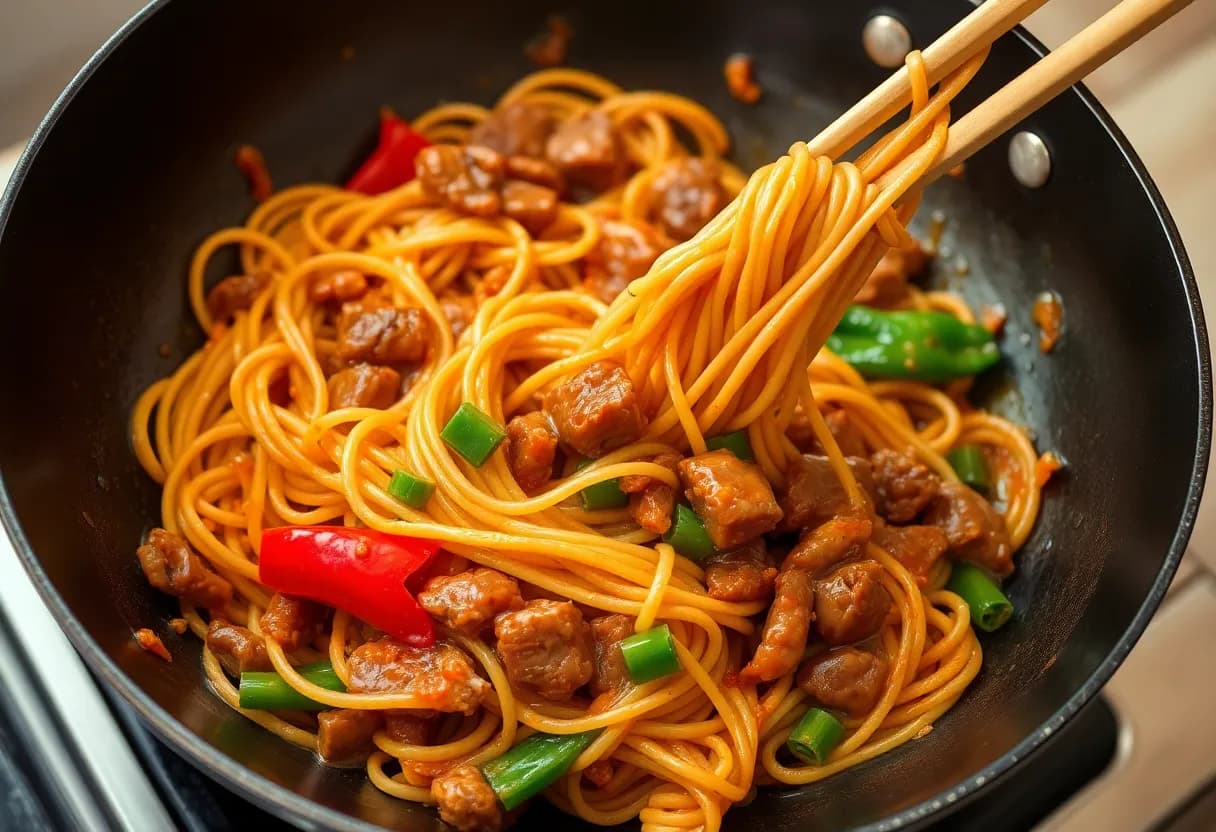 Final dish being tossed in the wok, with glossy noodles, beef, and vegetables all combined and coated in the savory sauce