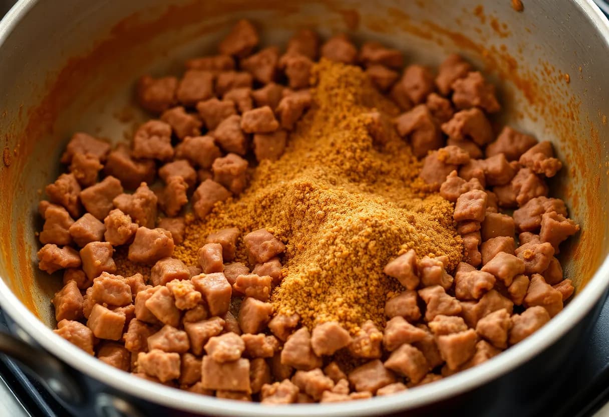 Ground beef browning in a skillet with taco seasoning, creating a flavorful, slightly saucy mixture