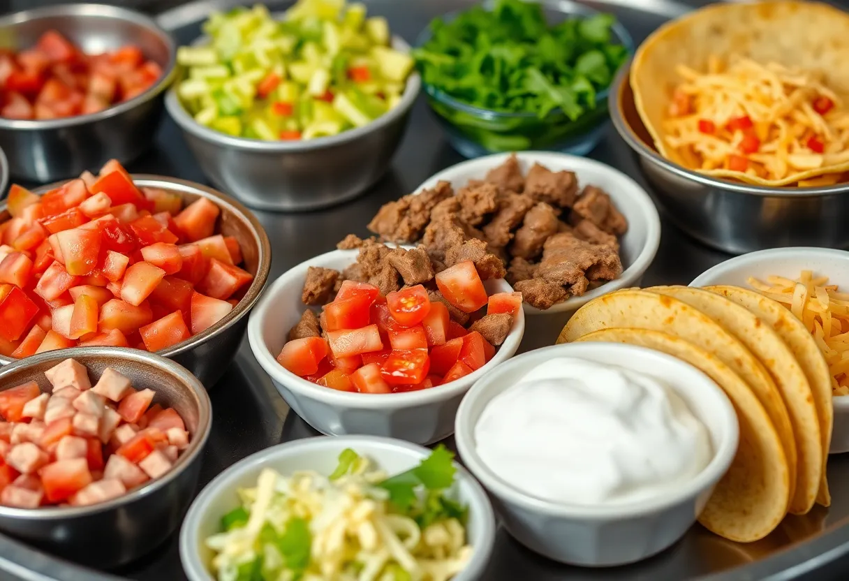 Colorful array of fresh taco toppings in small bowls - diced tomatoes, shredded lettuce, cheese, and sour cream with warm taco shells