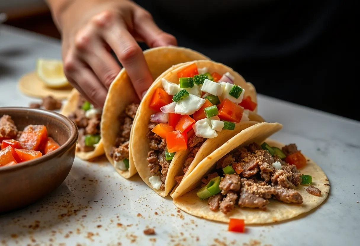 Hands assembling a taco with seasoned beef and fresh toppings, showing the layering process with colorful ingredients