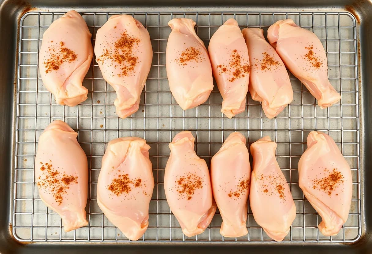 Raw chicken wings arranged on a wire rack over baking sheet, seasoned with spices