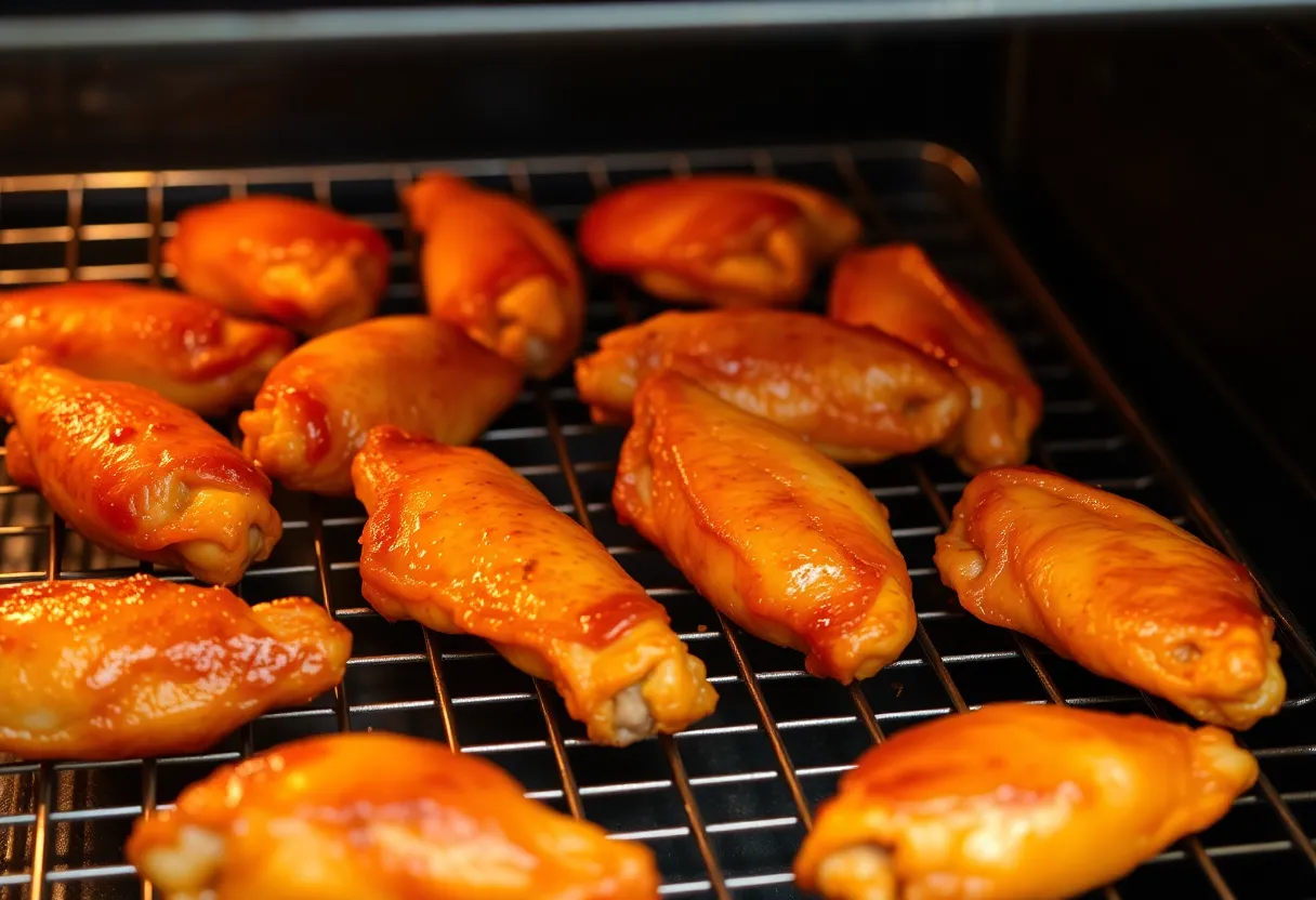 Golden brown crispy chicken wings on wire rack in oven, showing beautiful caramelization
