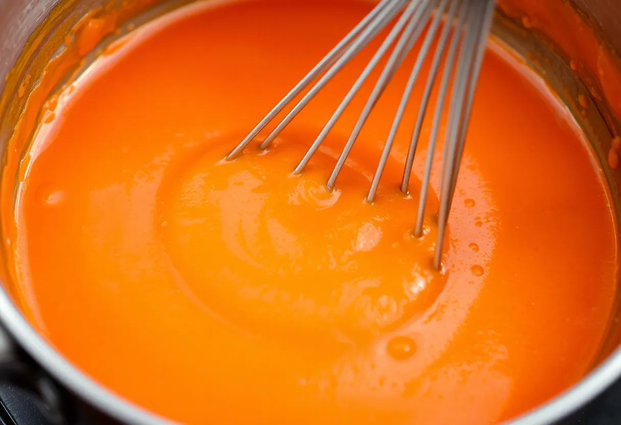 Orange buffalo sauce being whisked in a small saucepan, showing smooth glossy texture