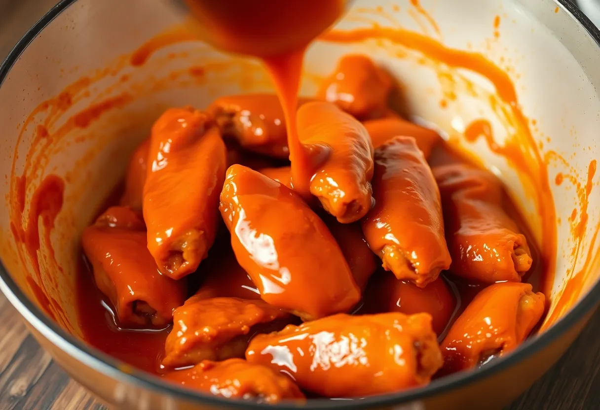 Crispy wings being tossed in glossy buffalo sauce in a large bowl, showing even coating