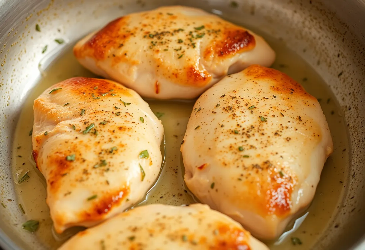 Golden brown chicken breasts cooking in a skillet, showing nice sear marks