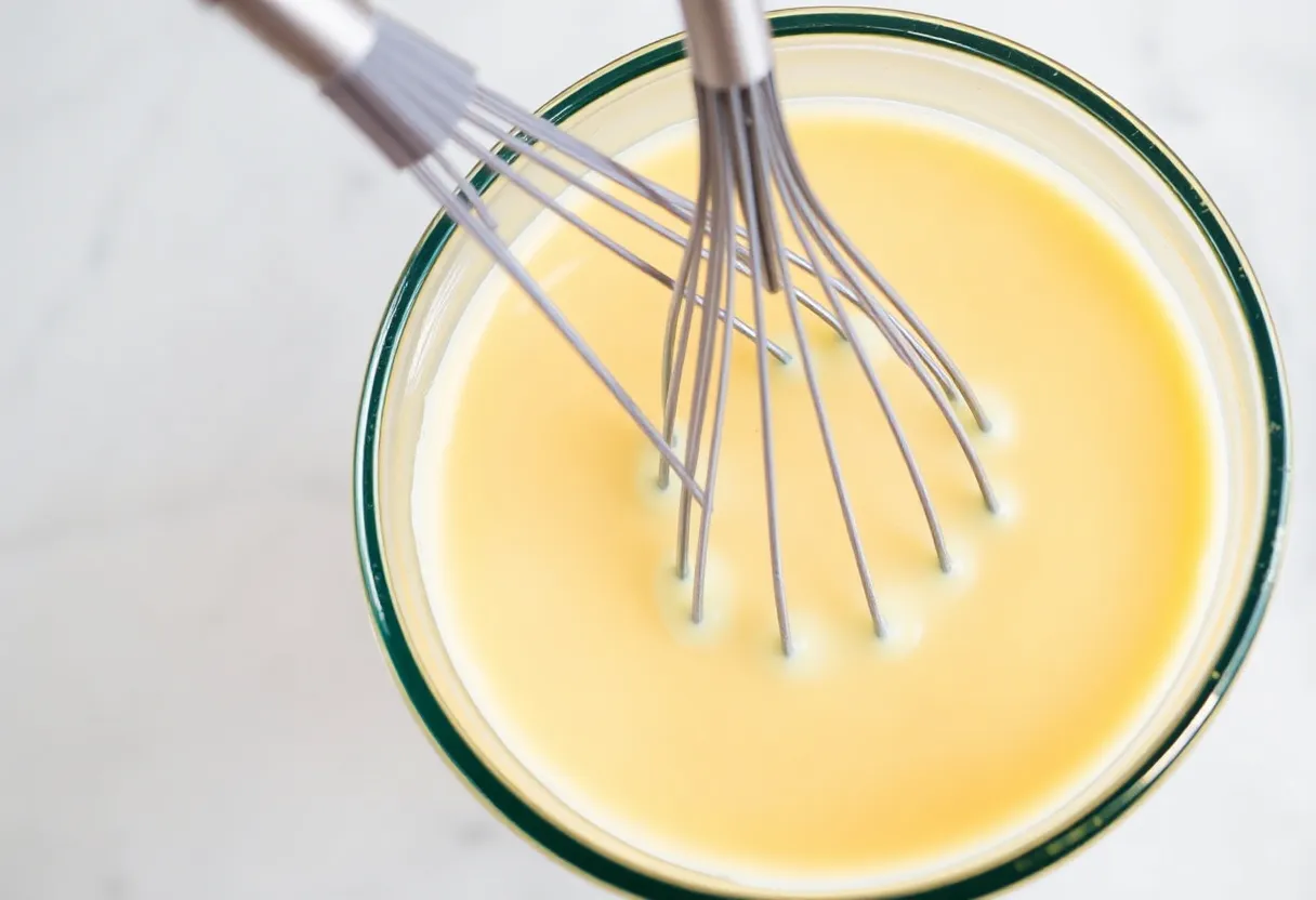 Creamy Caesar dressing being whisked in a small bowl, showing smooth pale yellow color