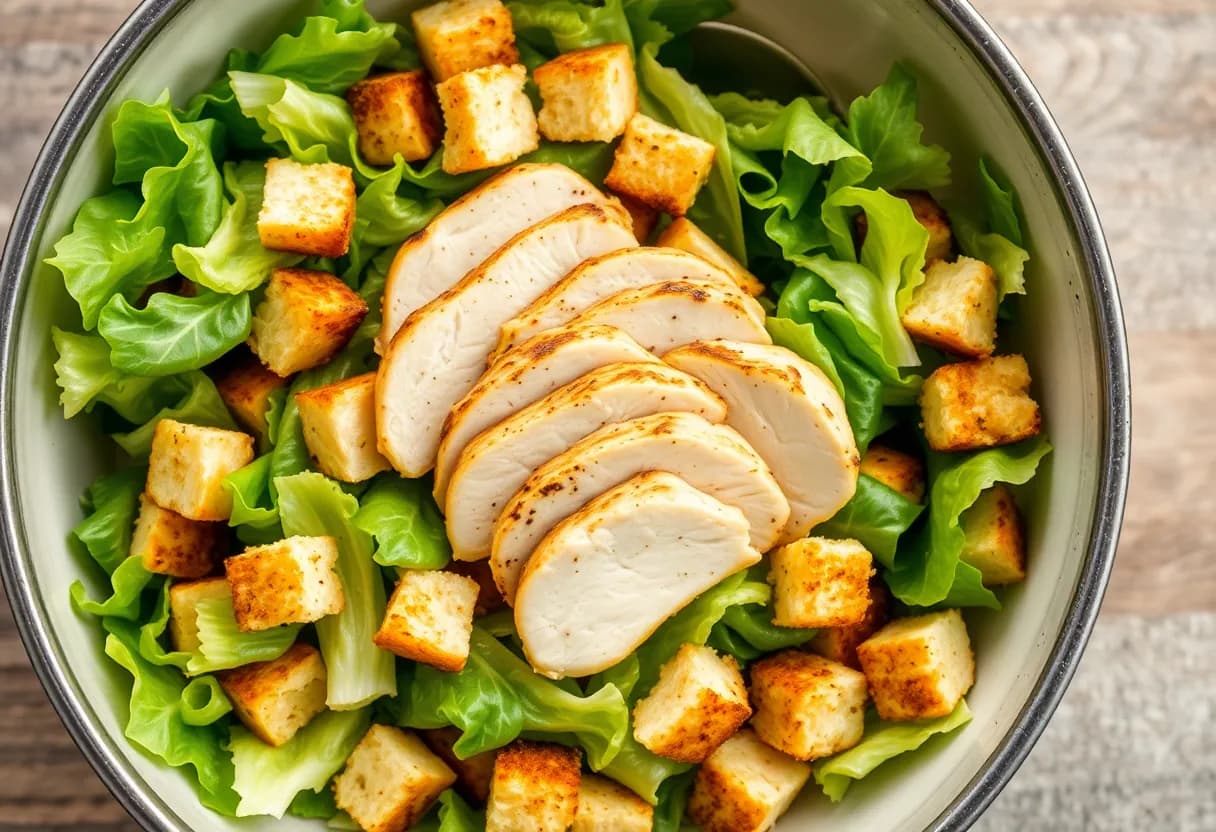 Fresh chopped romaine lettuce in a large bowl topped with sliced grilled chicken and golden croutons