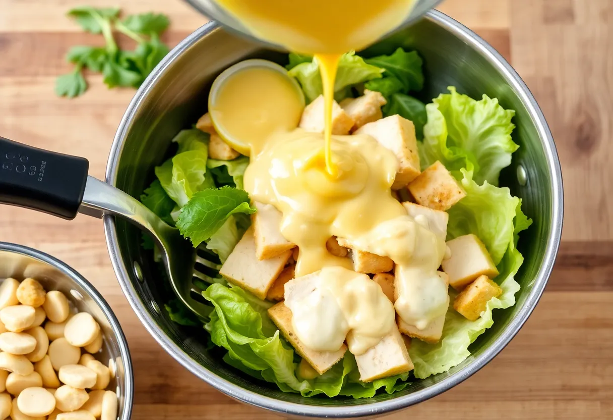 Finished Caesar salad being tossed with dressing, showing creamy coating on lettuce and chicken