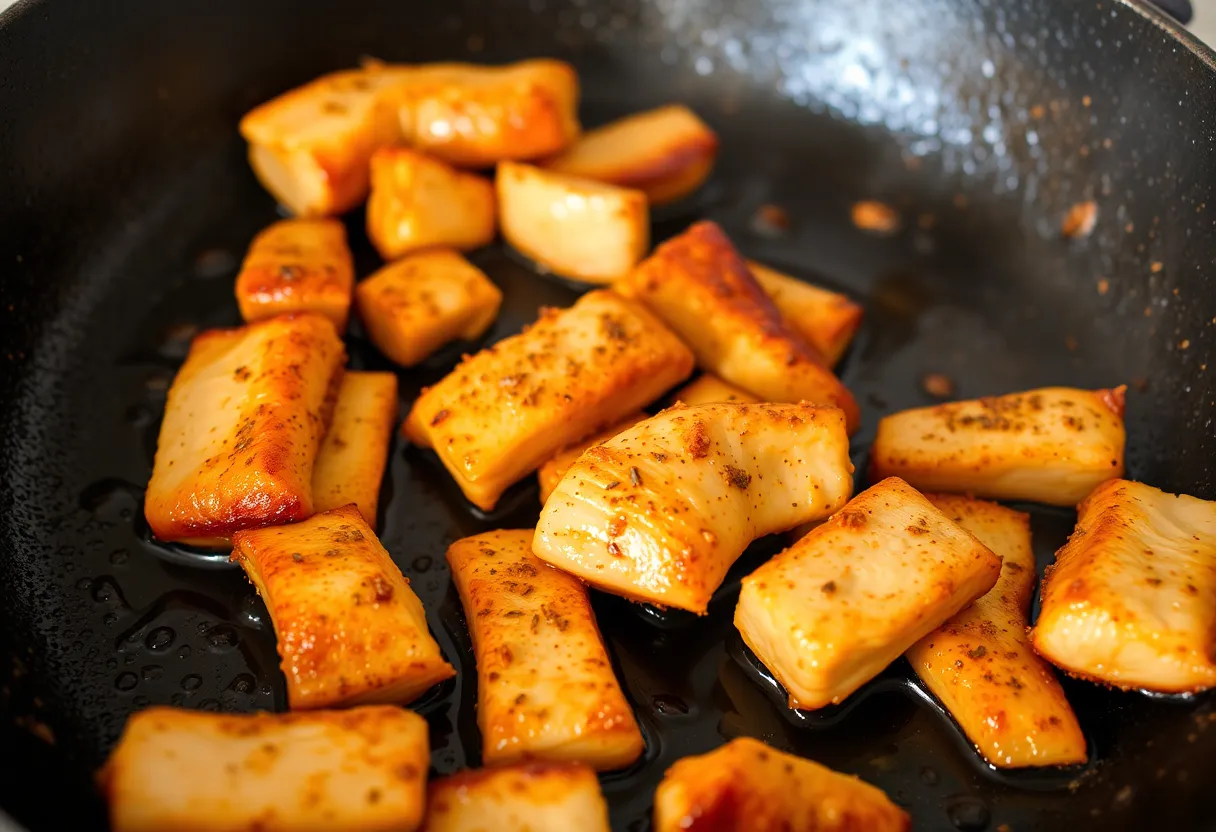 Seasoned chicken strips cooking in a hot cast iron skillet, showing golden brown color and slight charring