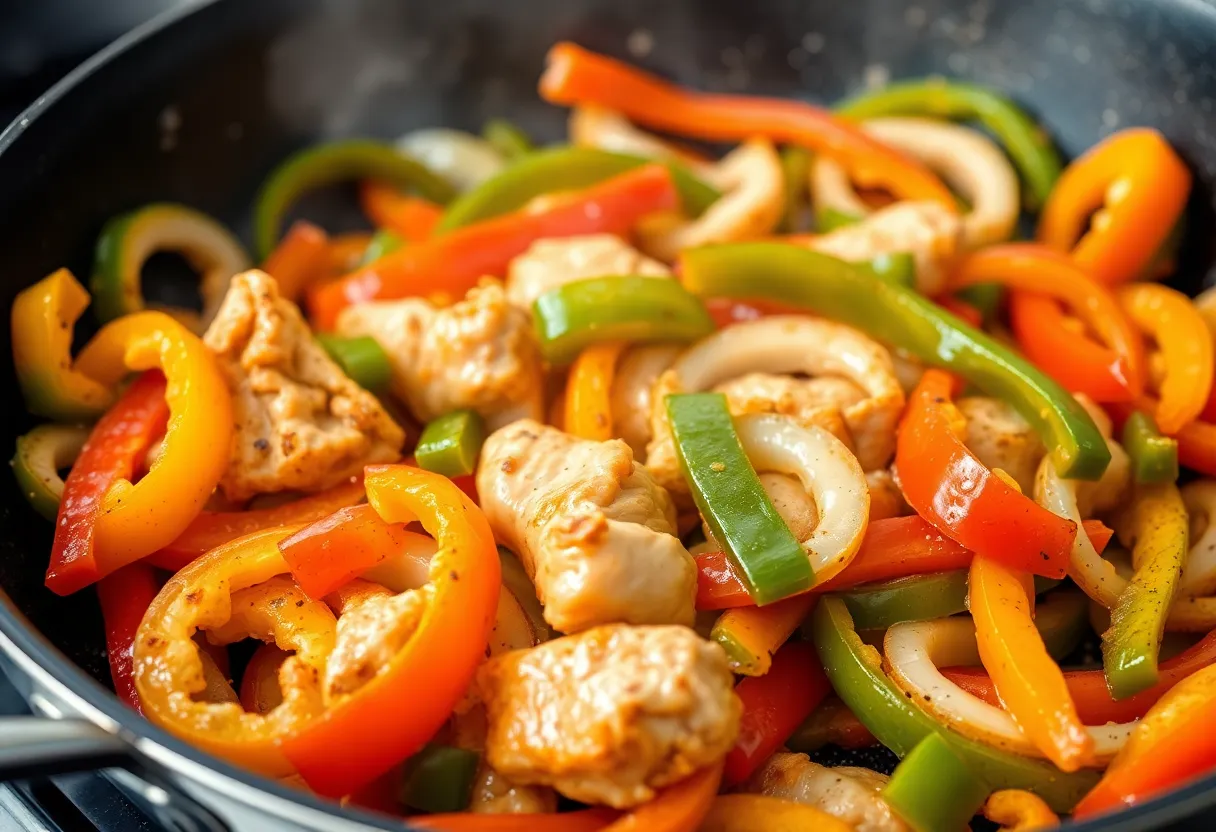 Colorful bell pepper and onion strips sizzling in the skillet with slight charring and caramelization