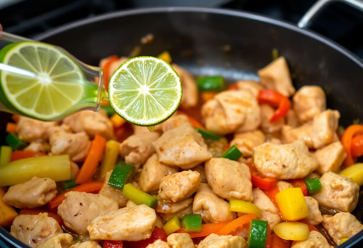 Chicken and vegetables combined in the skillet with fresh lime juice being squeezed over the sizzling mixture