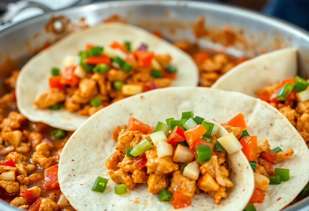 Warm flour tortillas being filled with the hot chicken fajita mixture and topped with colorful garnishes