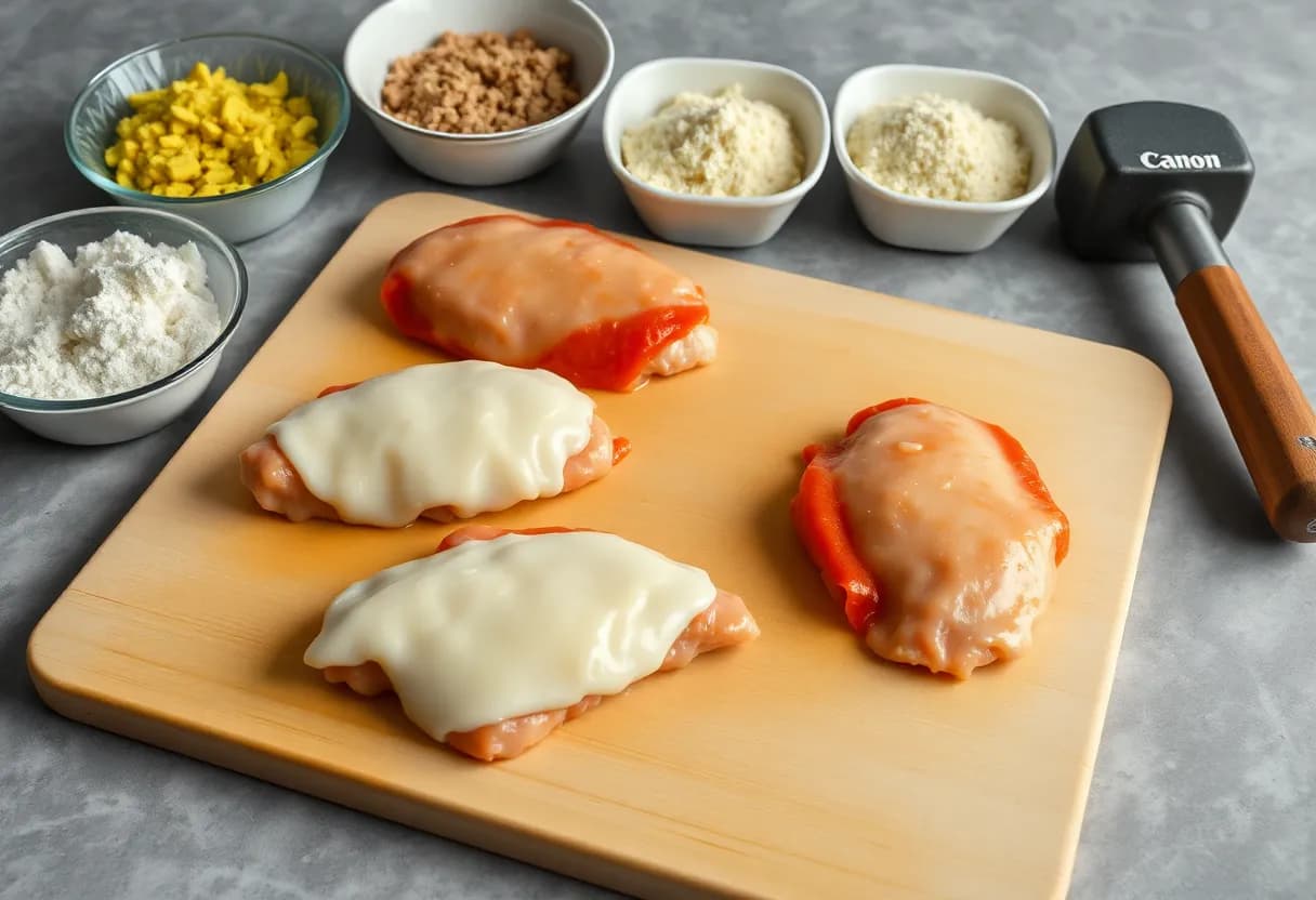 Flattened chicken breasts on cutting board with three breading dishes arranged nearby and meat mallet visible