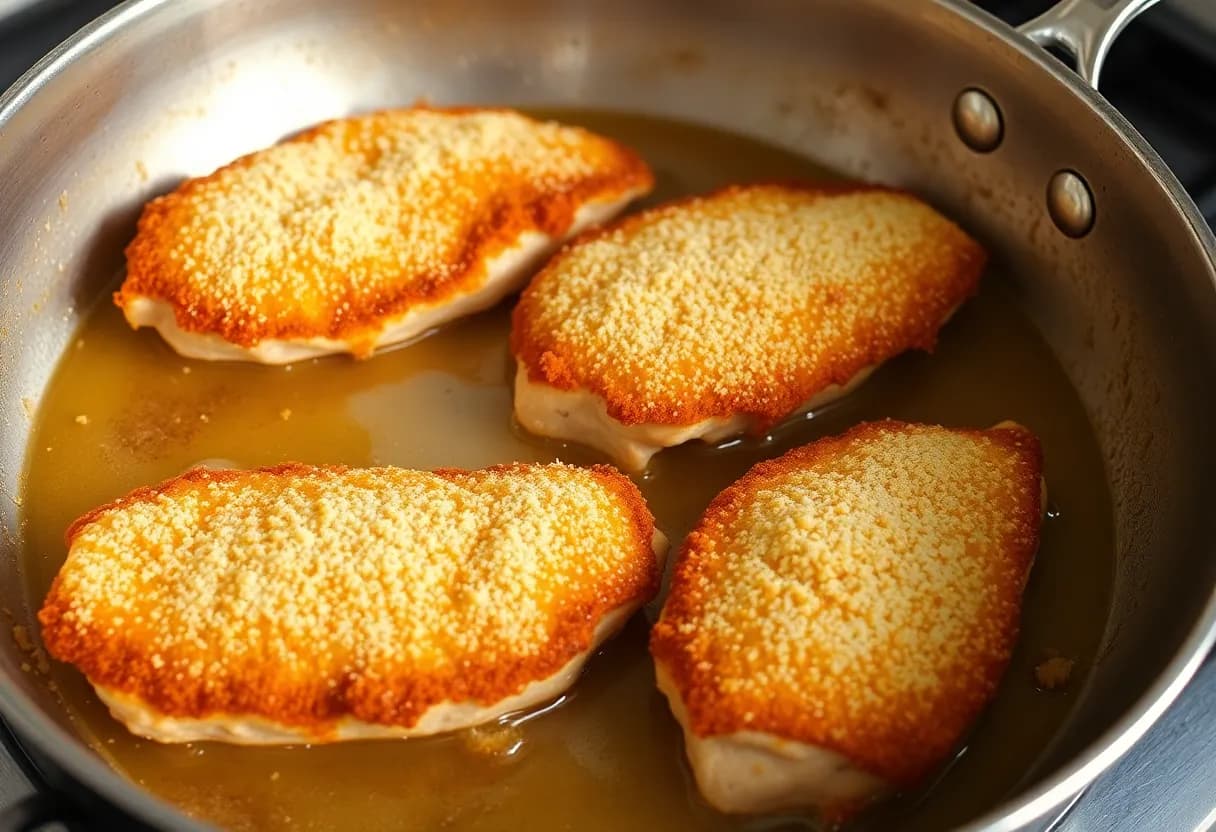 Golden-brown breaded chicken breasts sizzling in a large skillet with oil