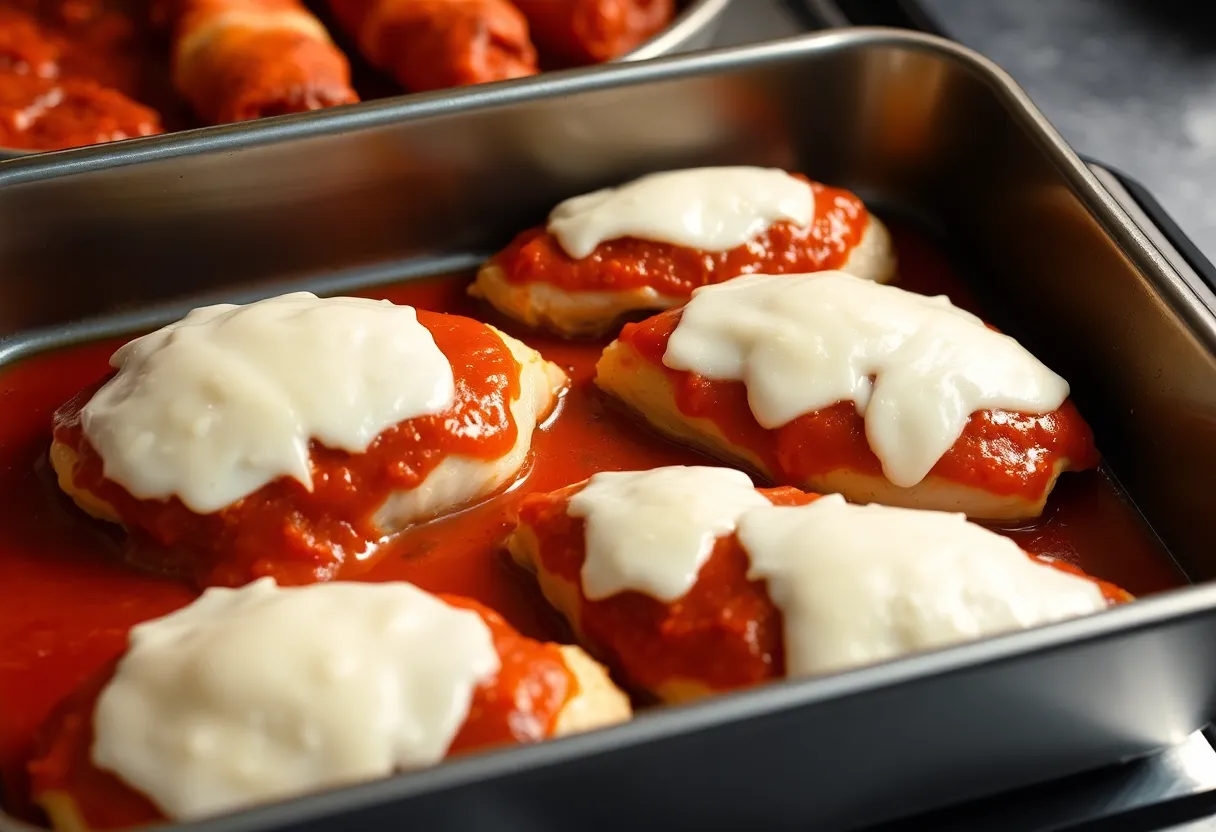 Chicken breasts in baking dish topped with red marinara sauce and white mozzarella cheese ready for oven