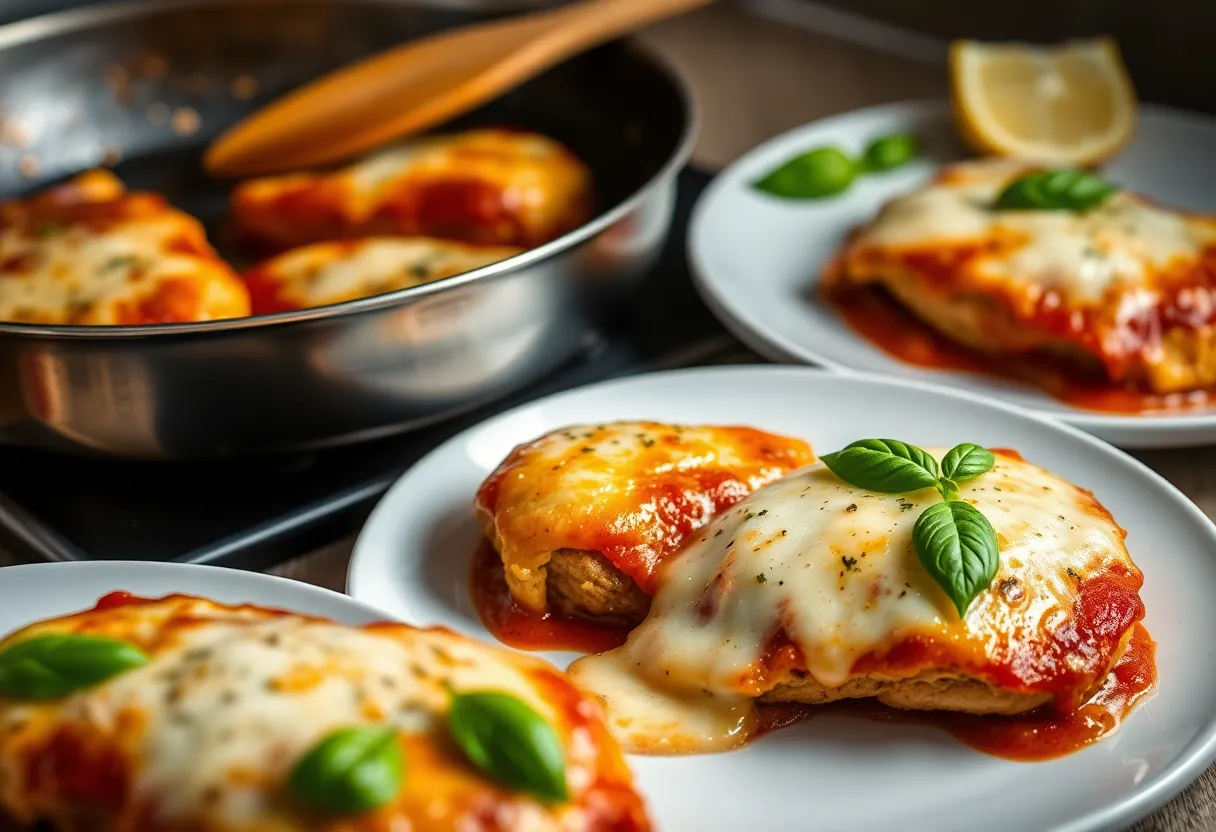 Finished chicken parmesan with golden bubbling cheese and fresh basil garnish on serving plates