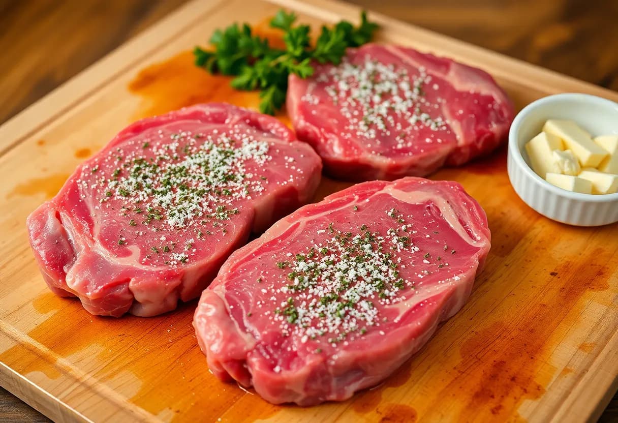 Raw steaks on a cutting board, generously seasoned with salt and pepper, with herb butter mixture in a small bowl nearby