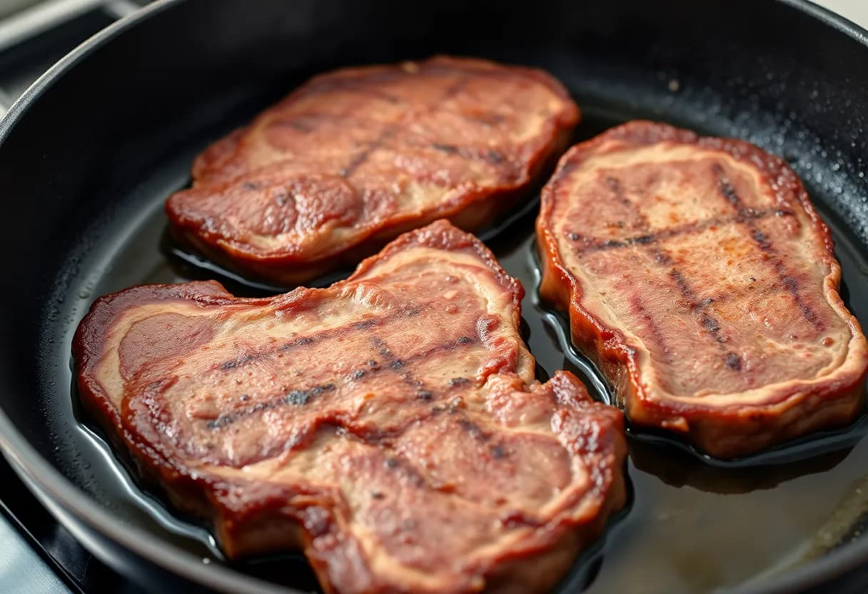 Steaks searing in a cast iron skillet with a beautiful golden-brown crust forming, oil sizzling around the edges