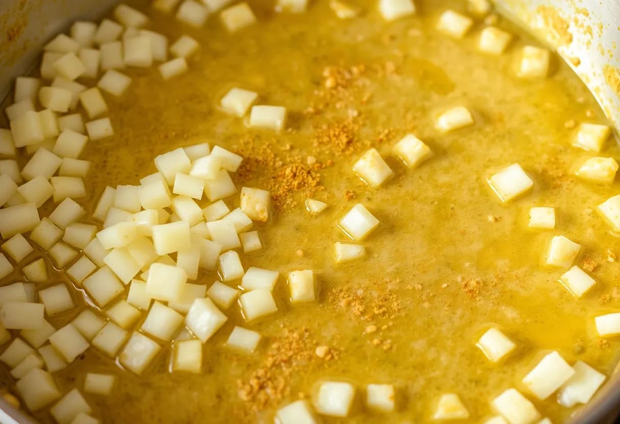 Diced onions cooking in oil with garlic, ginger, and golden spices in a large skillet