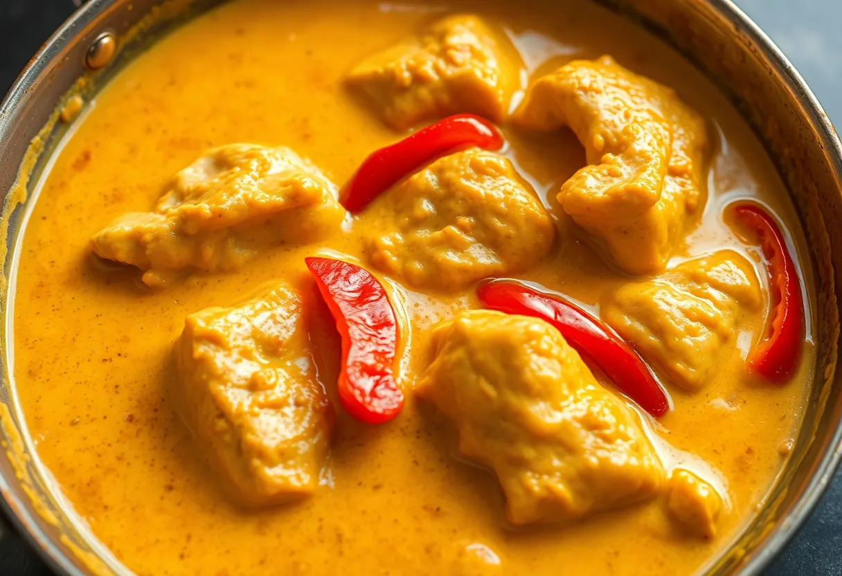 Creamy golden curry sauce with chicken and red bell peppers simmering in the skillet