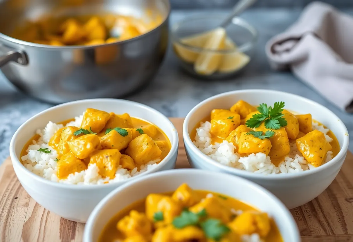 Finished coconut curry chicken served over white rice in bowls, garnished with fresh green cilantro