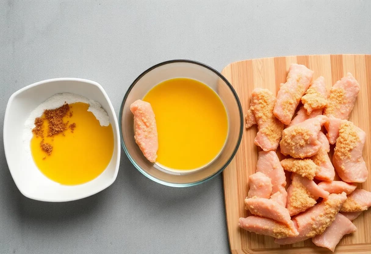 Three shallow dishes lined up with seasoned flour, egg mixture, and breadcrumb mixture, with raw chicken strips on a cutting board