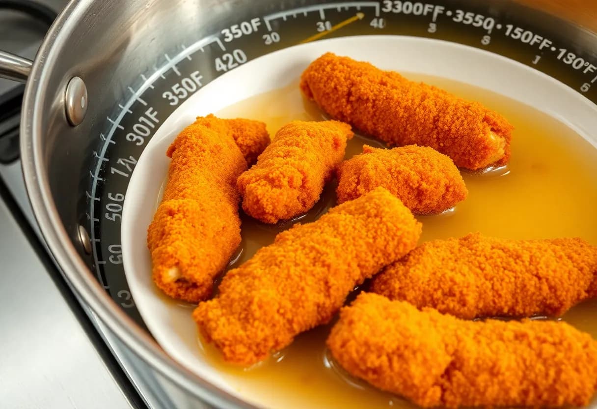 Breaded chicken tenders on a plate with oil heating in a large pot with thermometer showing 350°F