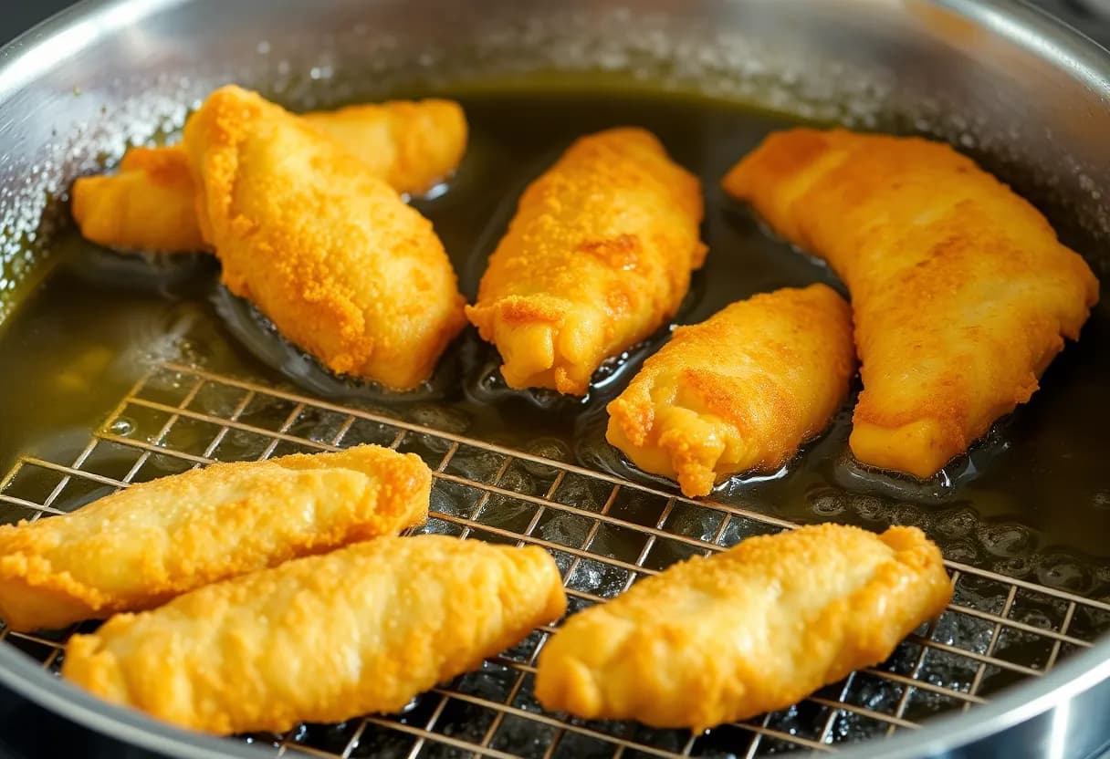 Golden brown chicken tenders frying in oil with some already cooling on a wire rack