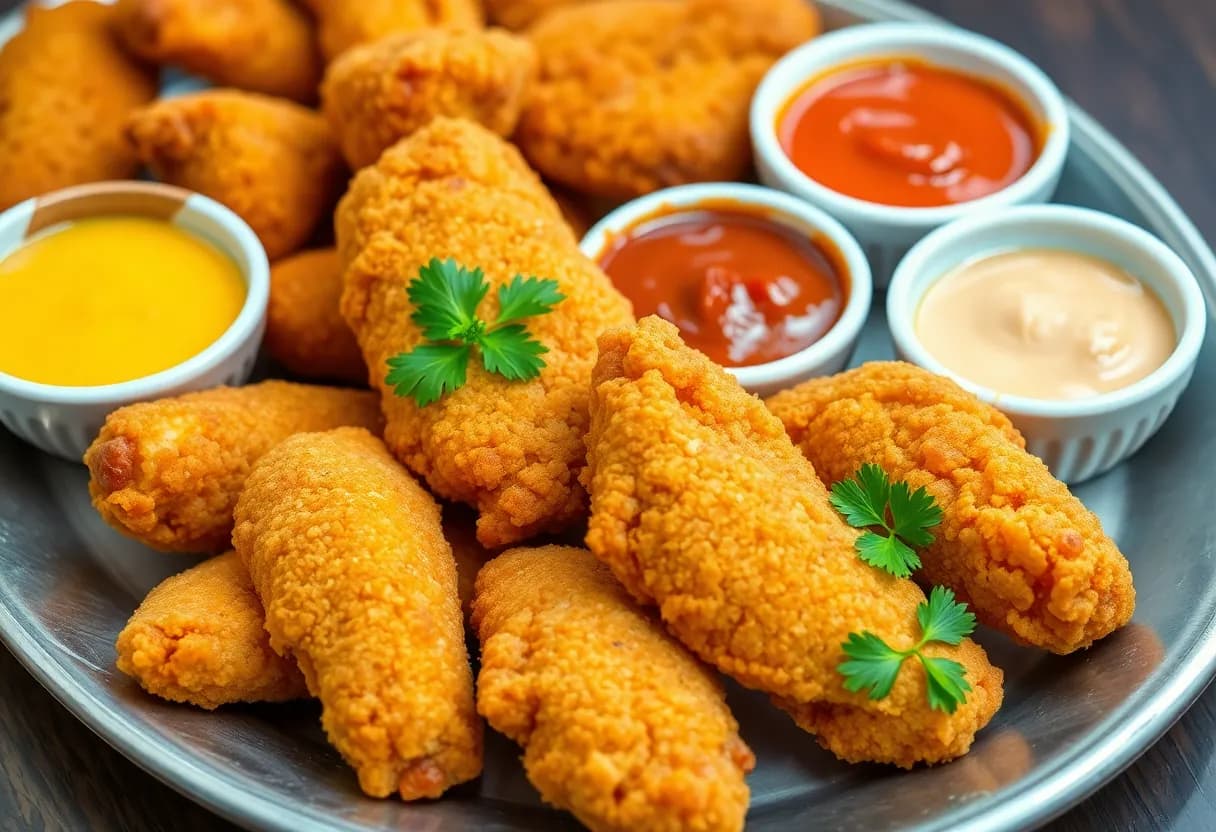 Platter of golden chicken tenders with small bowls of various colorful dipping sauces and fresh parsley garnish
