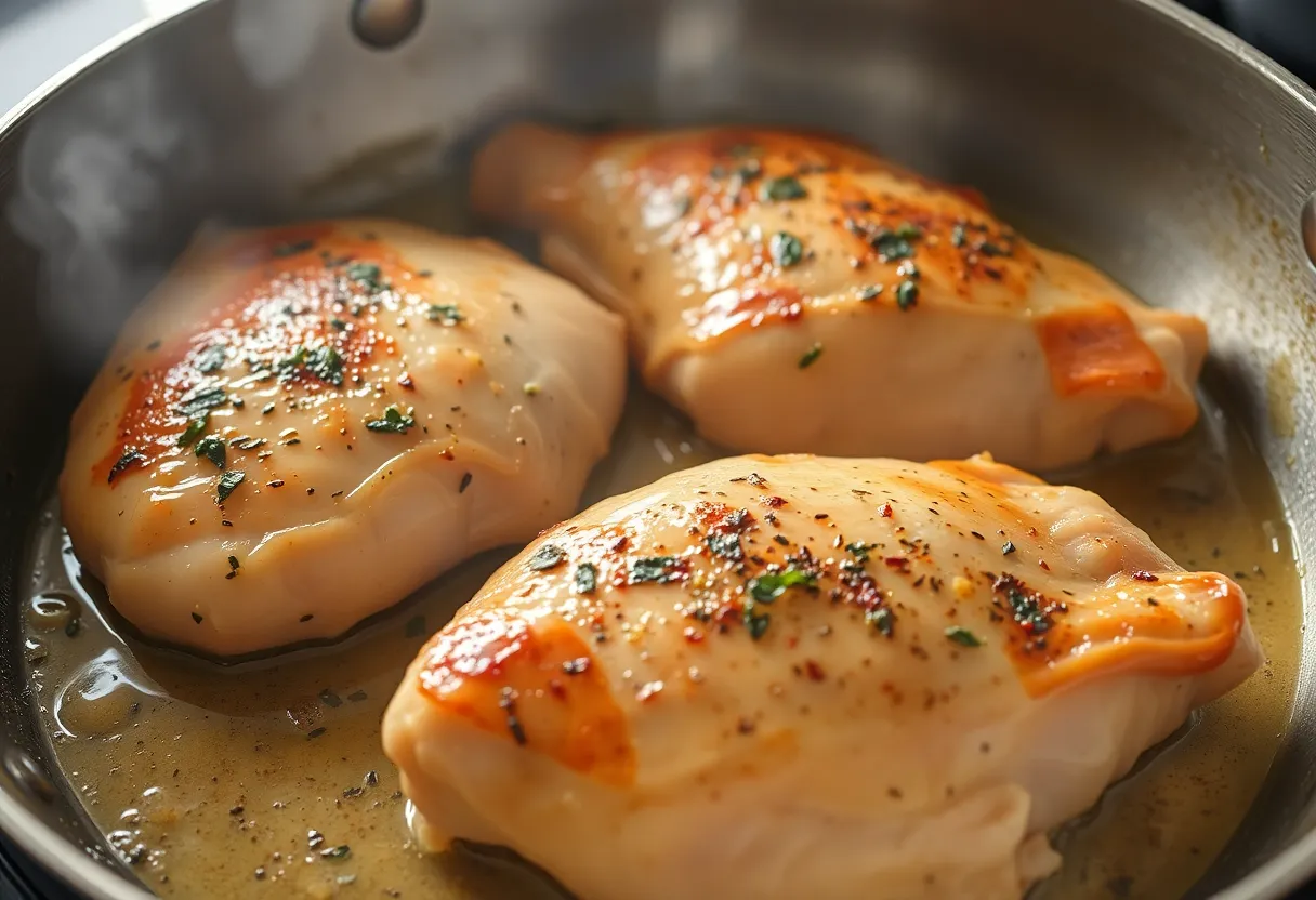 Golden-brown seared chicken breasts in a hot skillet with herbs and spices visible on the surface