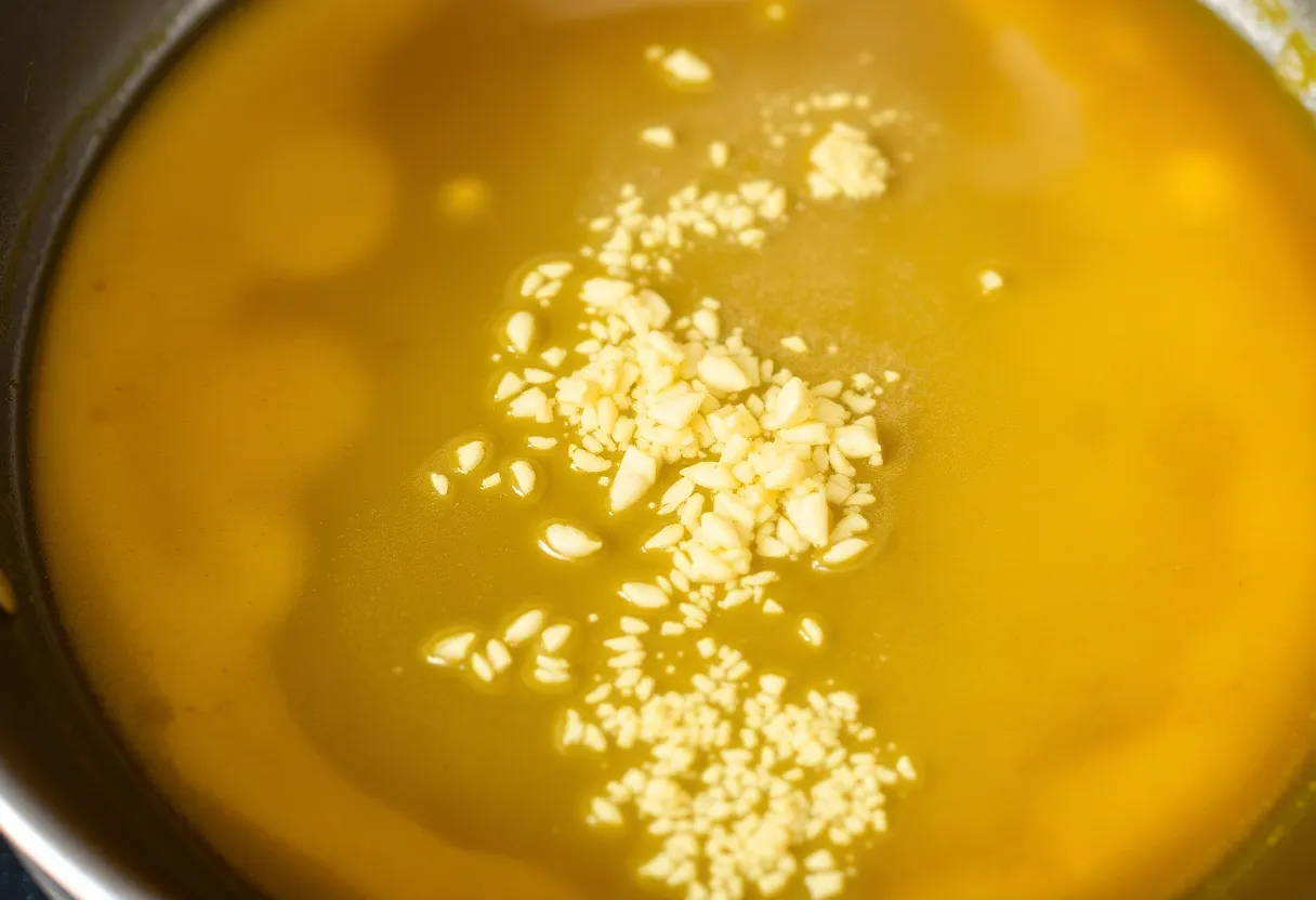 Melted butter with minced garlic sizzling in the skillet, creating an aromatic golden sauce