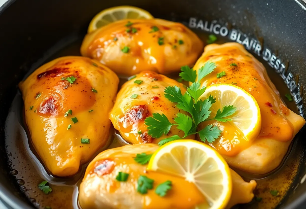 Finished garlic butter chicken with glossy sauce coating the meat, garnished with bright green parsley and lemon wedges