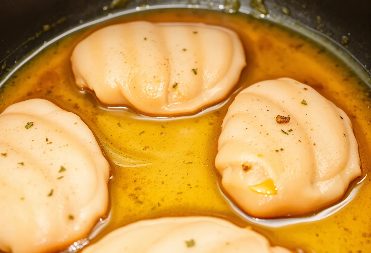 Flattened chicken breasts in a golden marinade with visible herbs and spices
