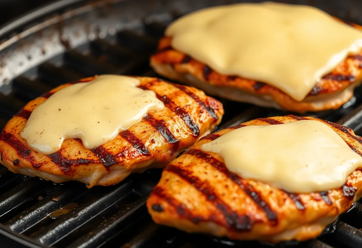 Golden-brown grilled chicken breasts with perfect grill marks and melted cheese on top