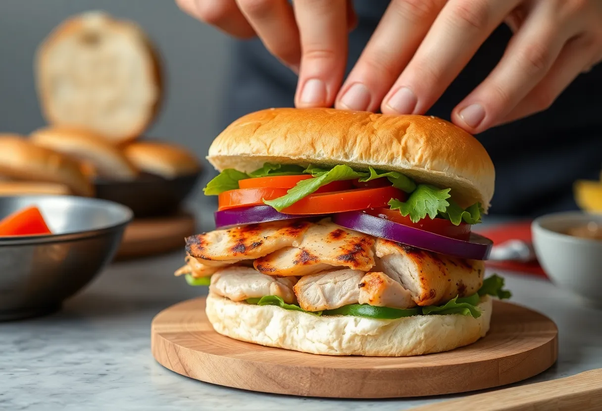 Toasted brioche buns being assembled with layers of grilled chicken, fresh vegetables, and condiments