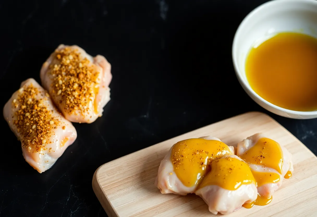 Raw seasoned chicken thighs on a cutting board next to a bowl of golden honey mustard glaze